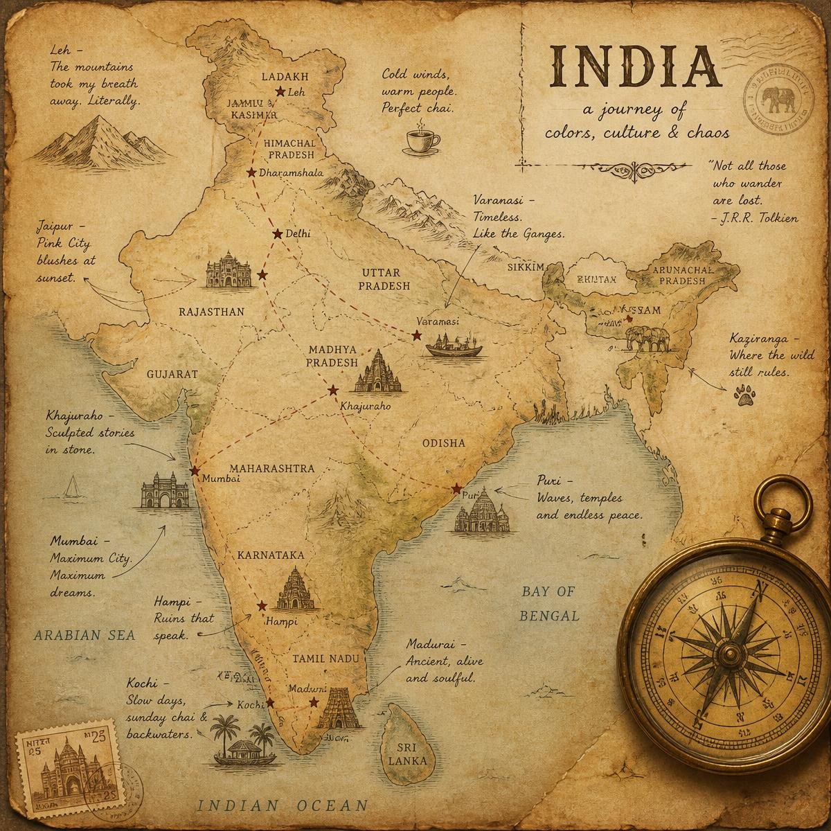 Vintage map of India with hand-drawn travel notes and a compass