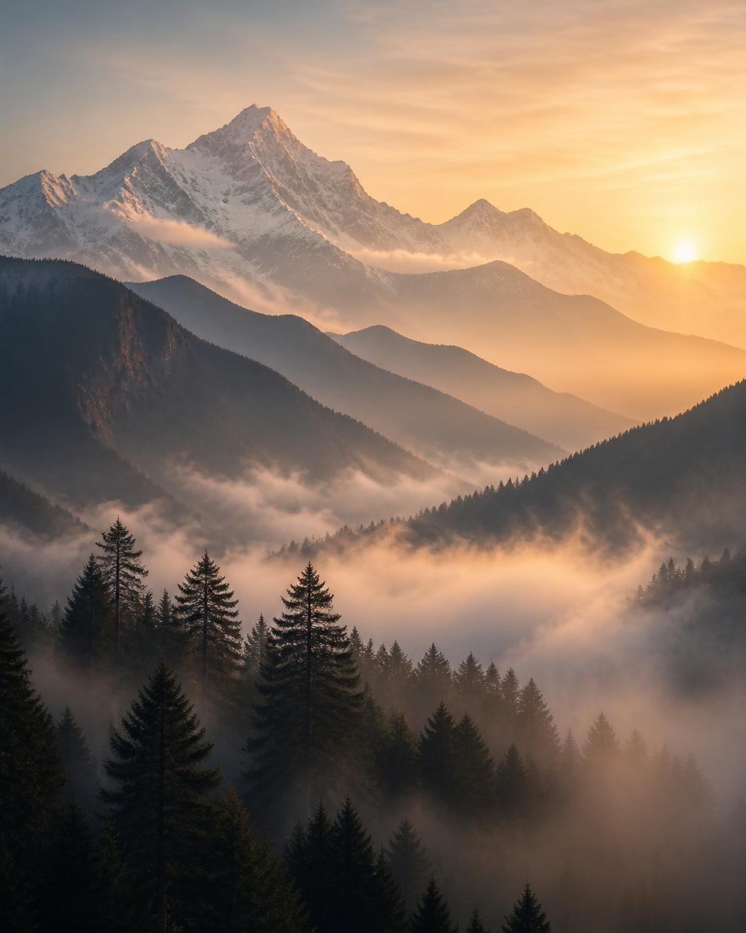 Misty sunrise over Himalayan mountain range with pine forests