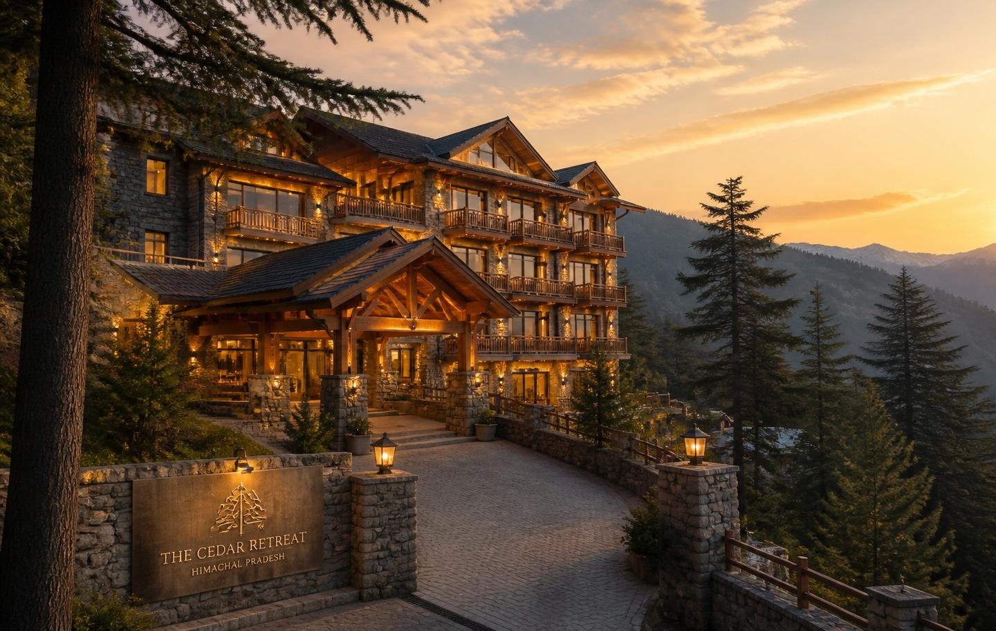 Luxury mountain hotel exterior in Himachal Pradesh at golden hour