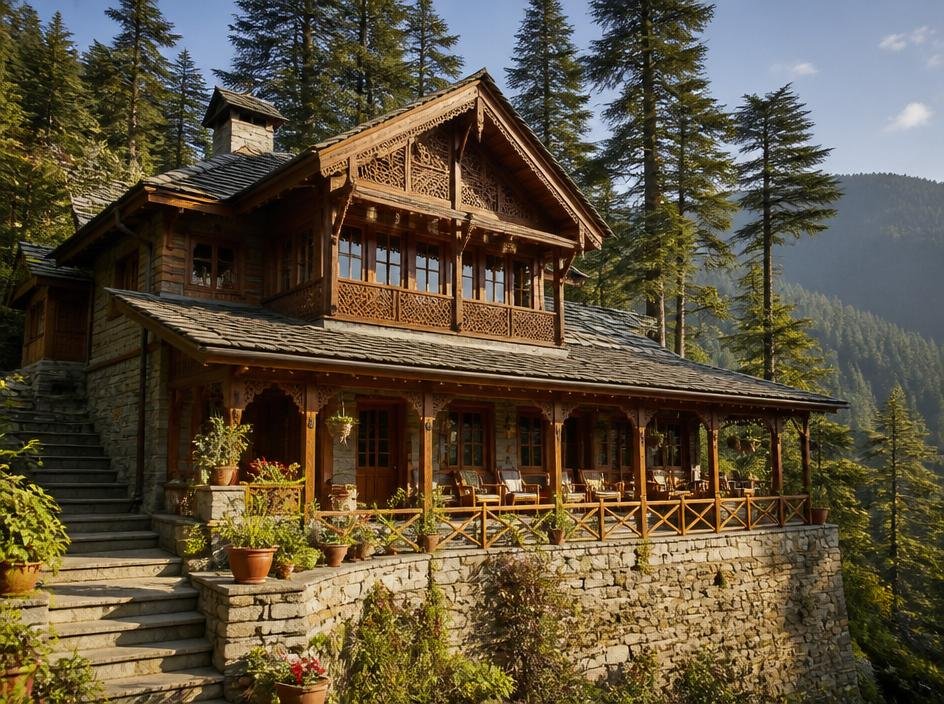 Traditional wooden mountain lodge in Himachal