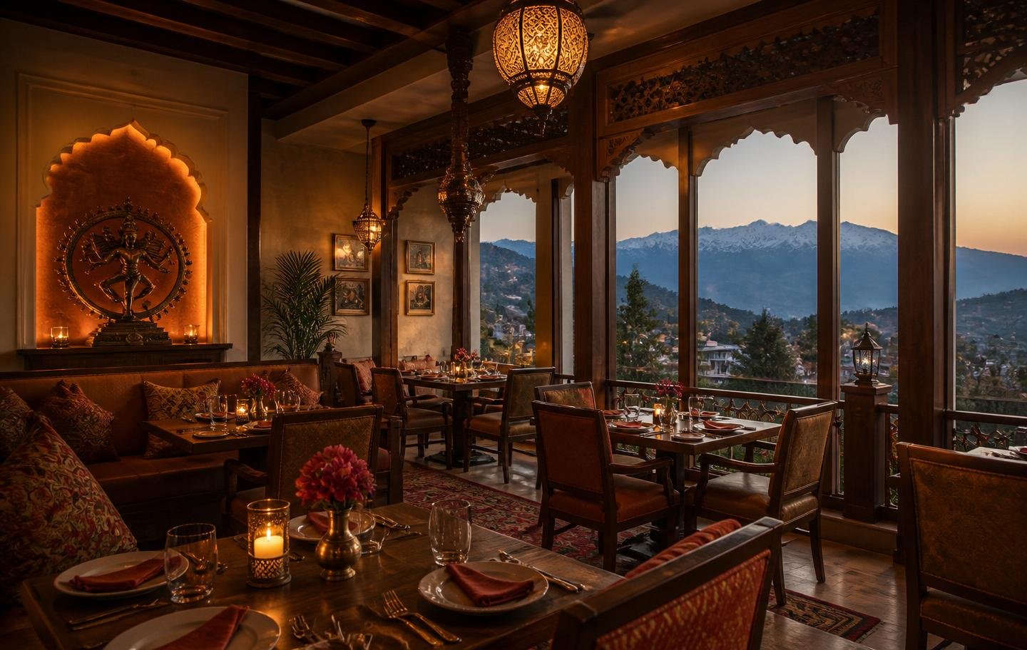Elegant restaurant interior with mountain views and warm lighting