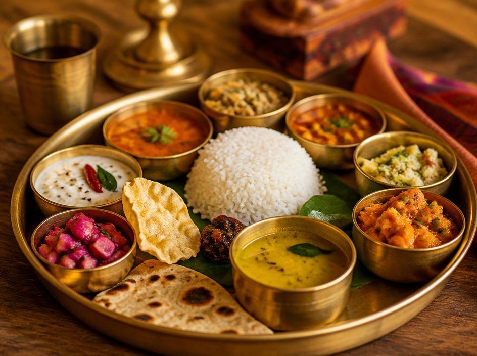Traditional Indian brass thali with regional dishes
